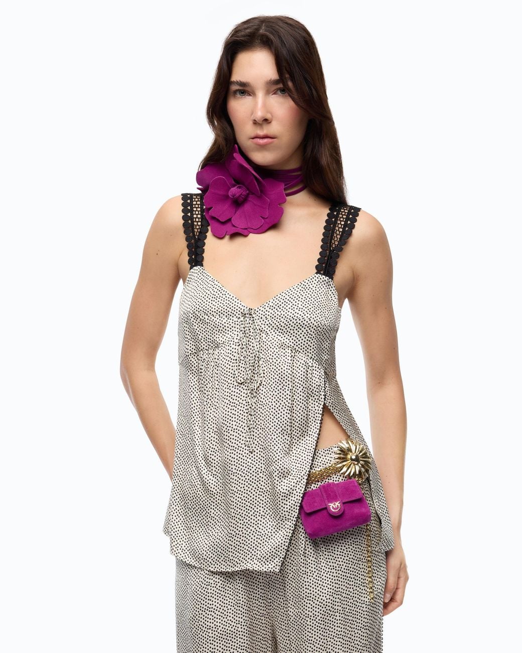 Pinko Gray Polka-Dot Lingerie Top With Lace