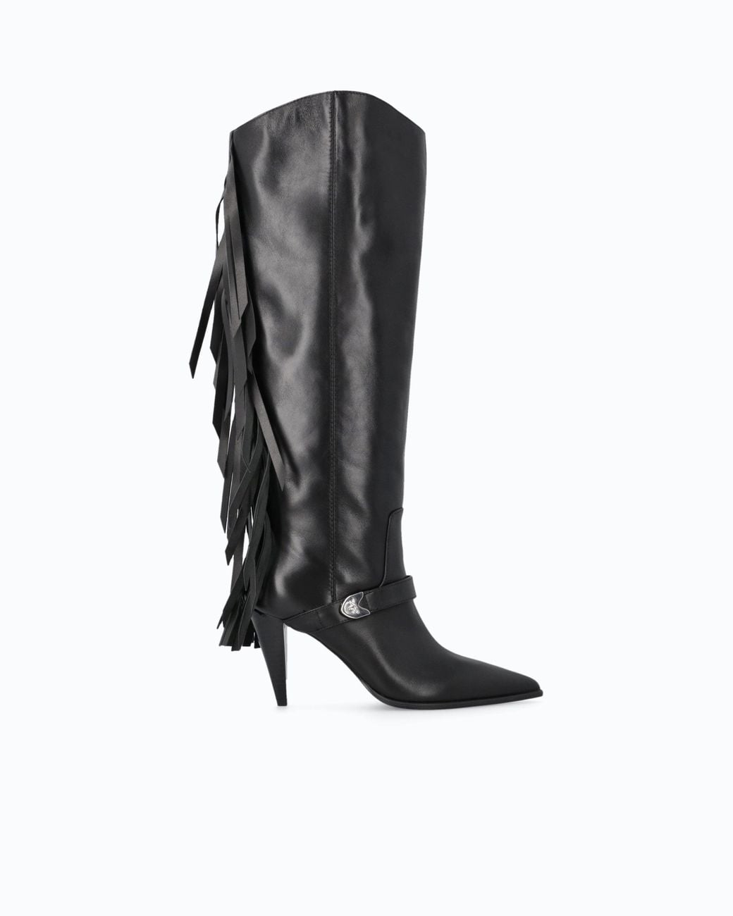 Pinko Black High Nappa Leather Boots With Heel And Fringing
