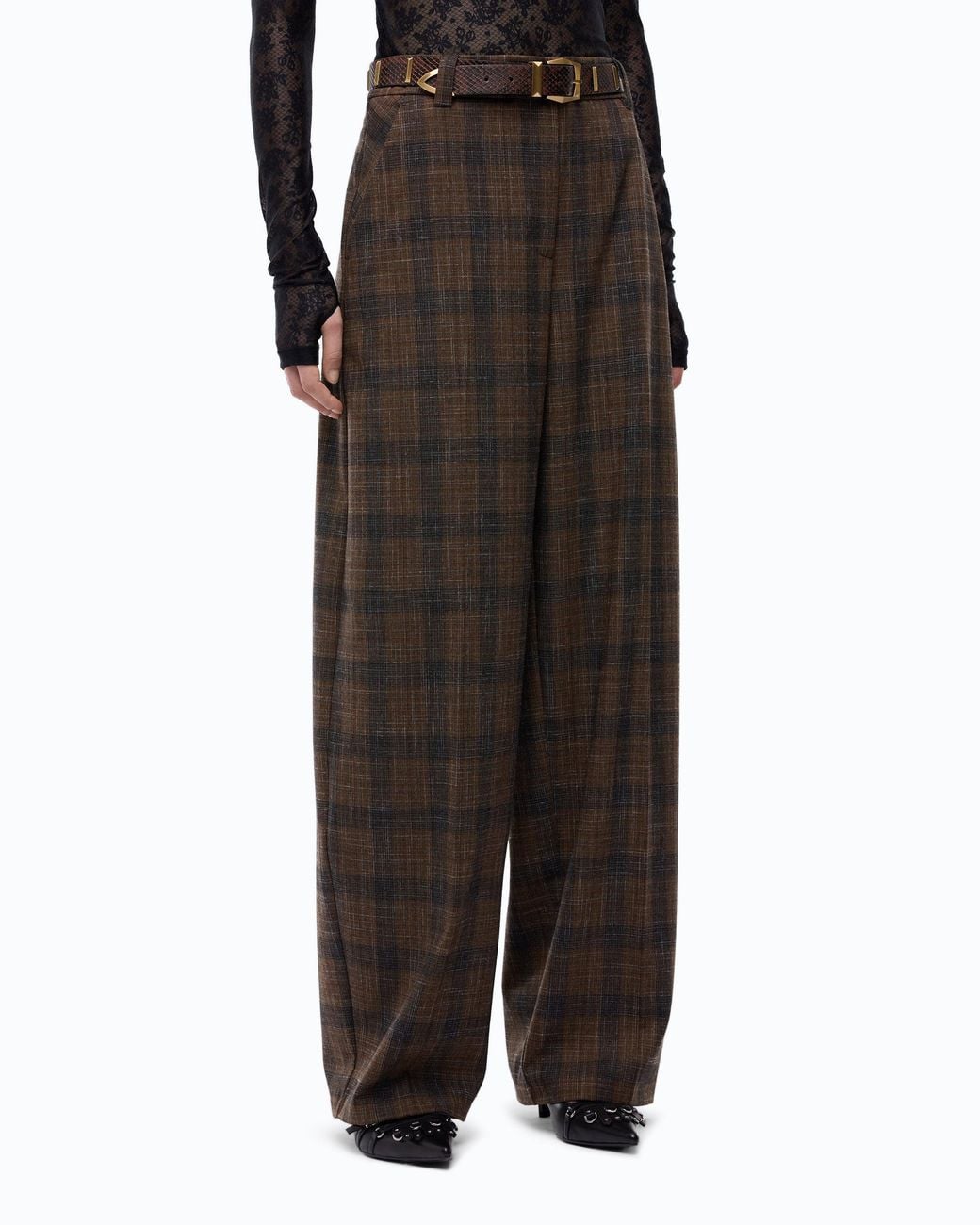 Pinko Black Barrel-Fit Trousers With Micro Houndstooth Motif