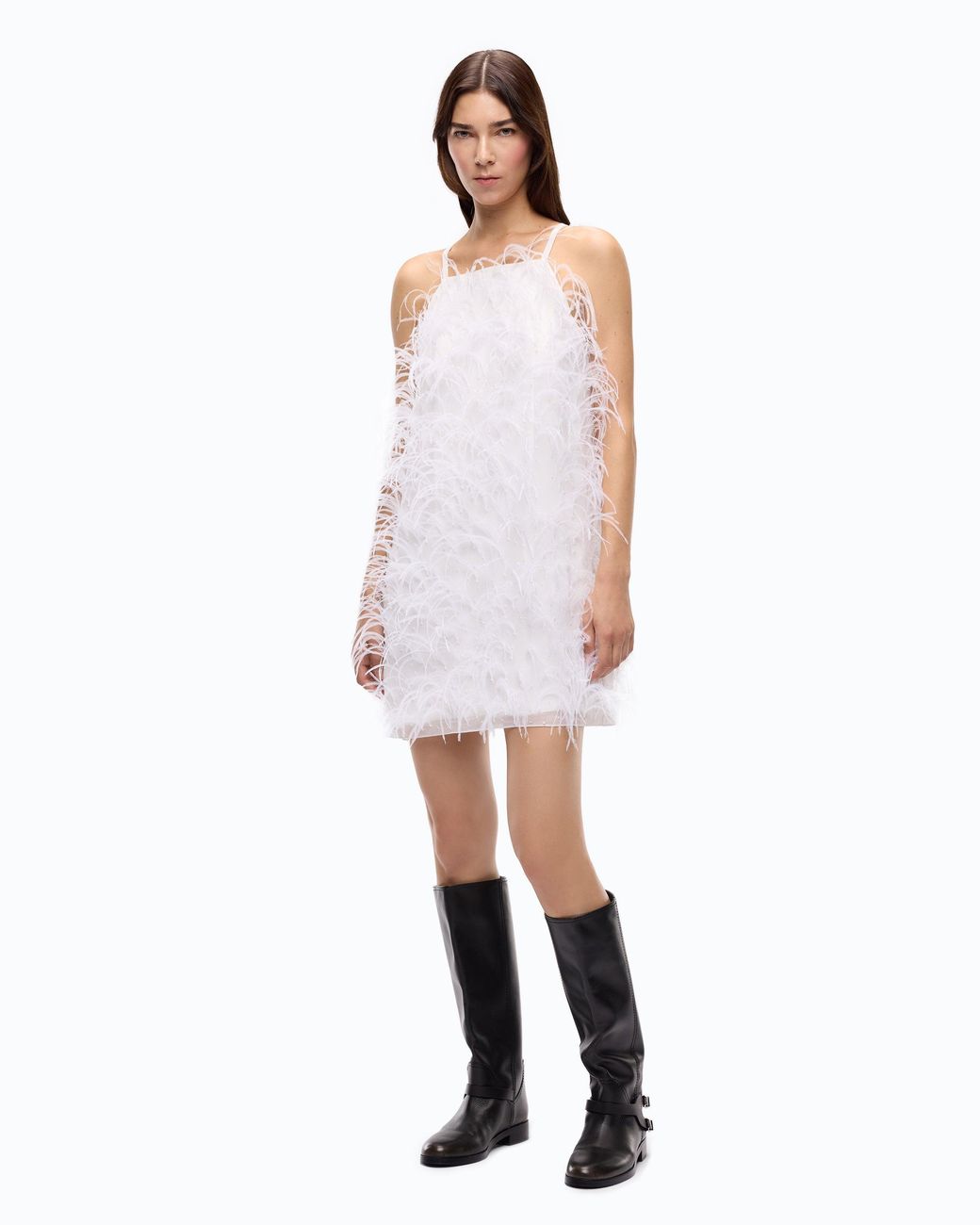 Pinko White Short Dress With Feathers