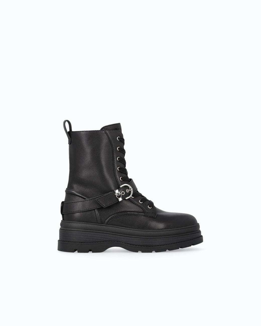 Pinko Black Leather Combat Boots With Strap