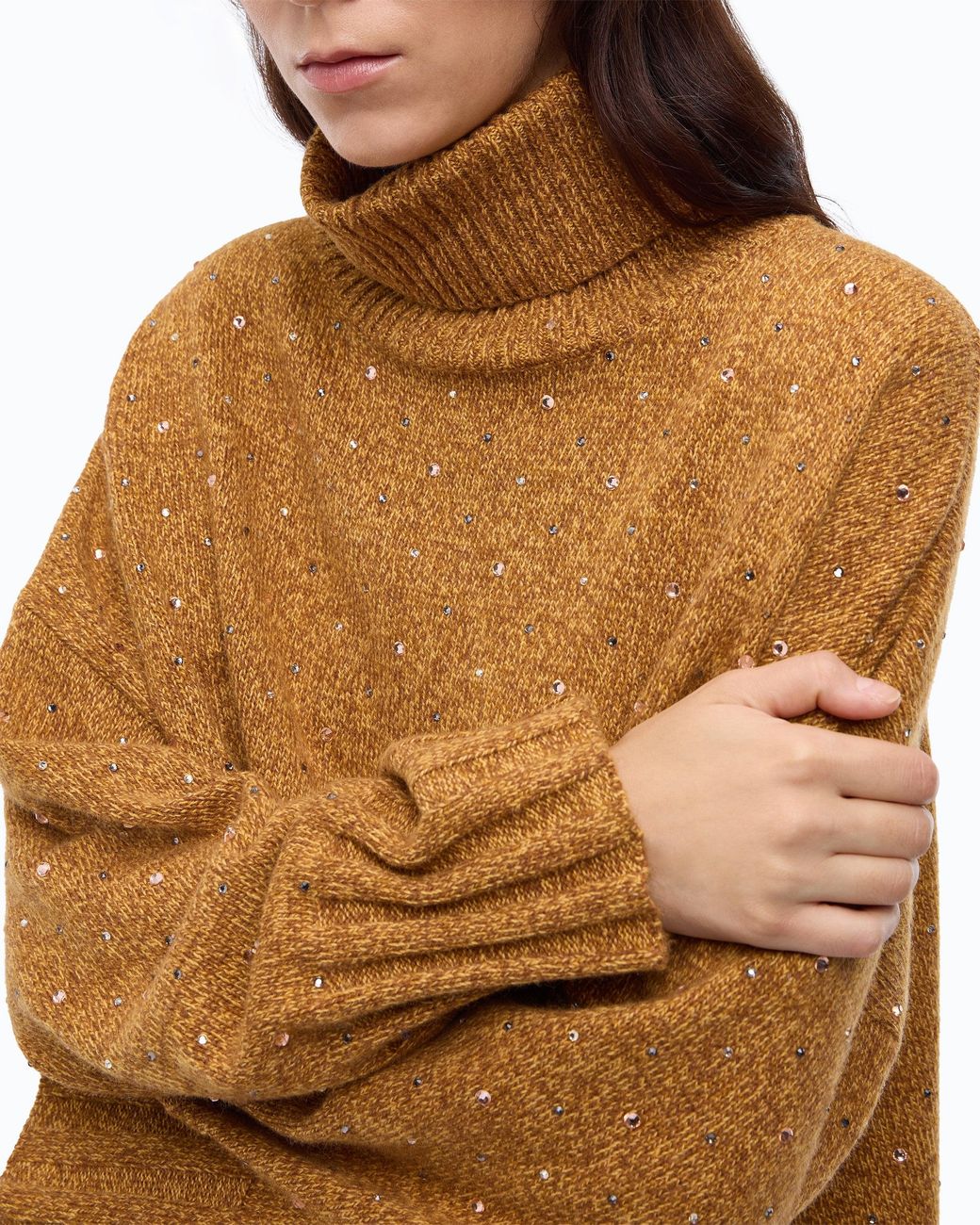Pinko Brown Fully Rhinestoned Wool-Blend Turtleneck Sweater