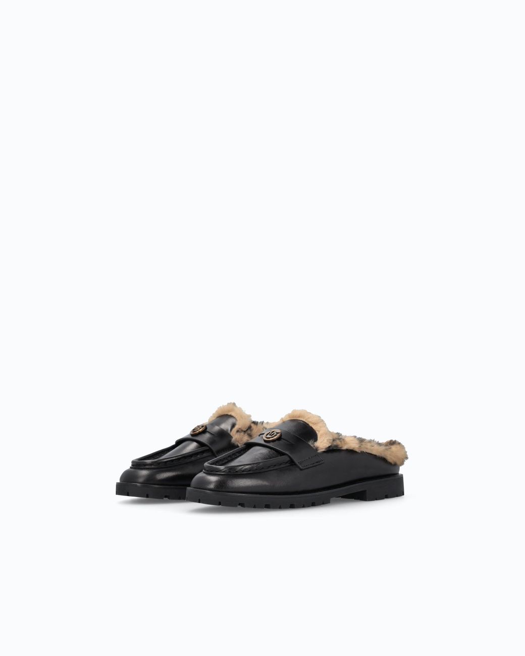 Pinko White Leather Sabot Moccasins With Faux Fur Lining