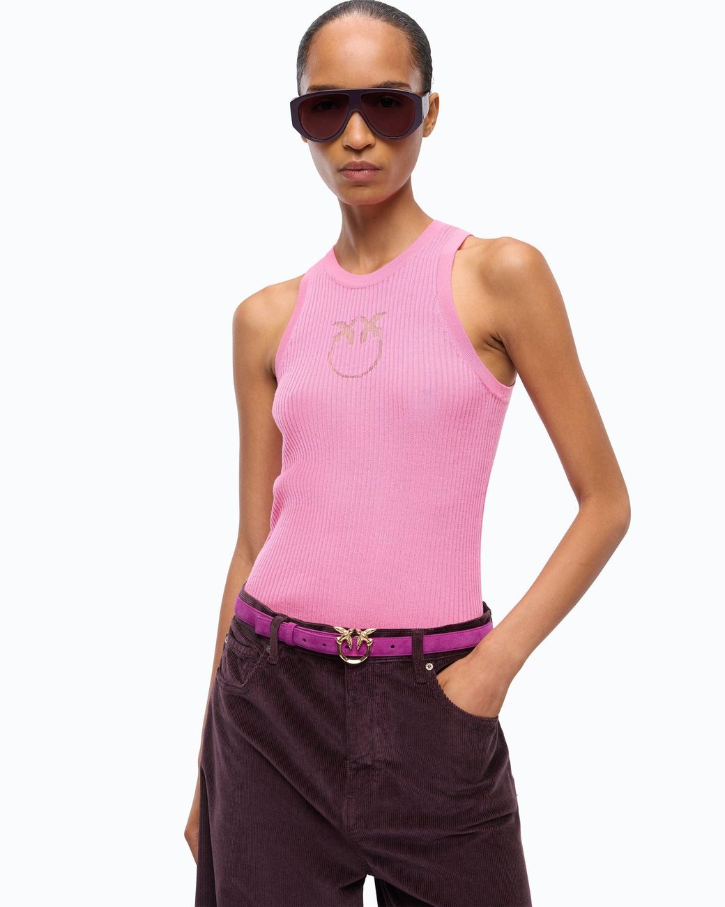 Pinko Pink Ribbed Top With Sheer Love Birds Logo