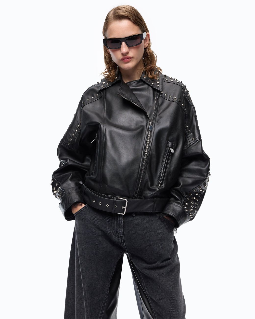 Pinko Black Nappa Leather Biker-Style Jacket With Studs