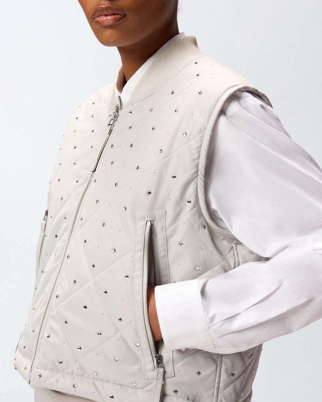 Pinko White Quilted Vest With Rhinestones And Studs