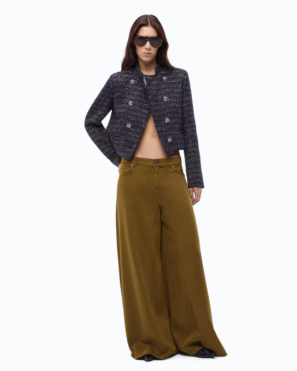 Pinko Blue Cropped Bouclé Tweed Jacket With Metal Buttons