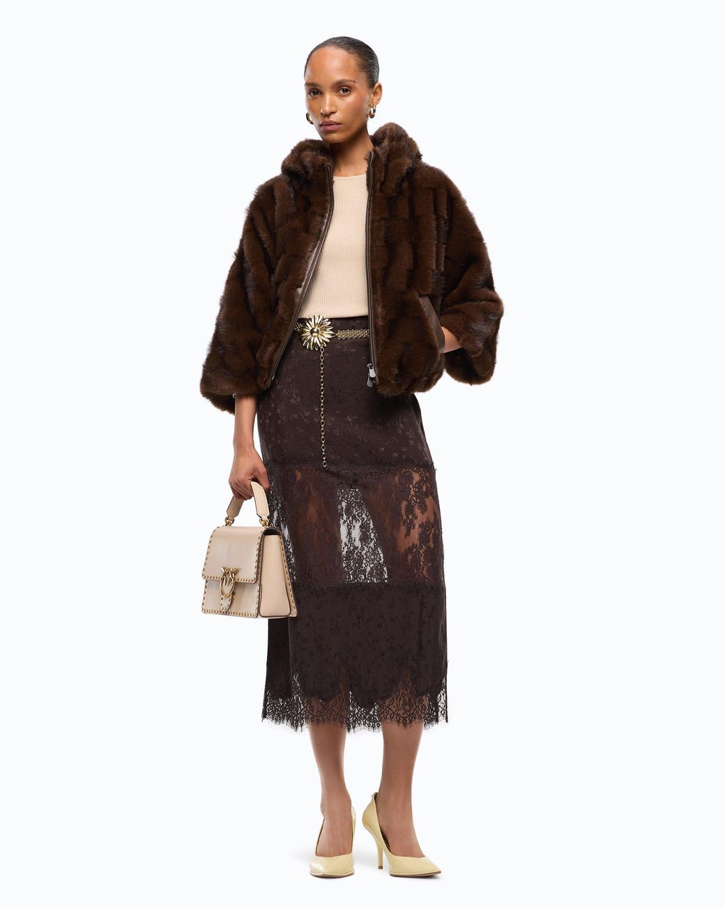 Pinko Brown Faux Fur Blouson Jacket With Hood