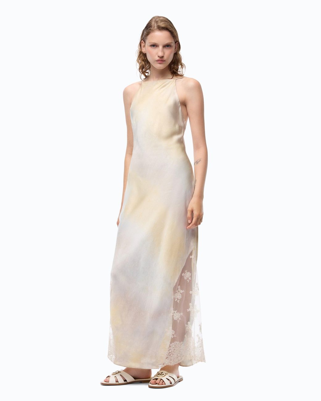 Pinko White Satin Dress With Shaded Color And Lace Insert