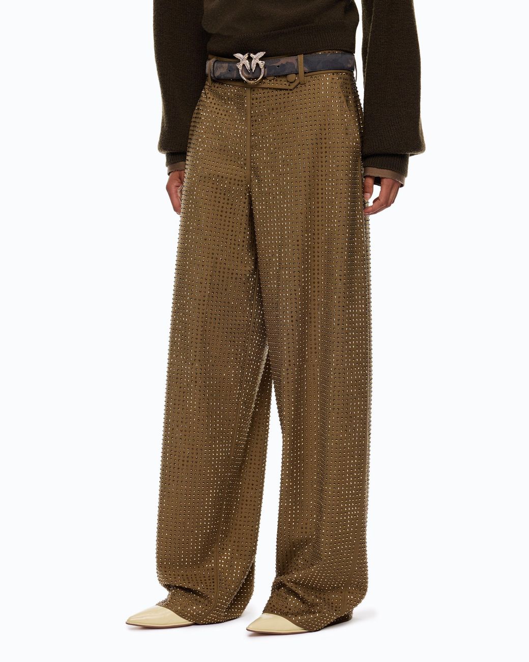 Pinko Natural Barrel-Fit Trousers With Rhinestones