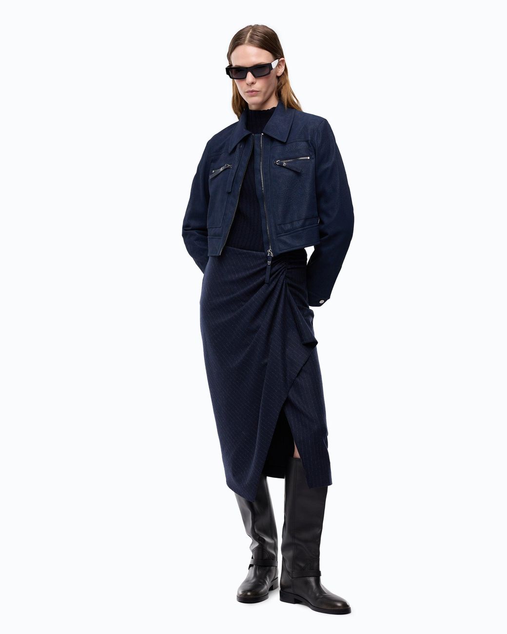 Pinko Blue Cropped Nubuck Leather-Effect Jacket