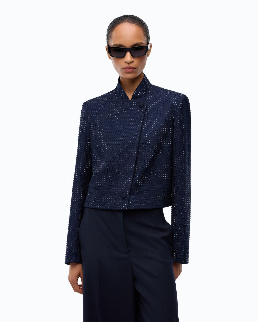 Pinko Blue Cropped Jacket With Rhinestones