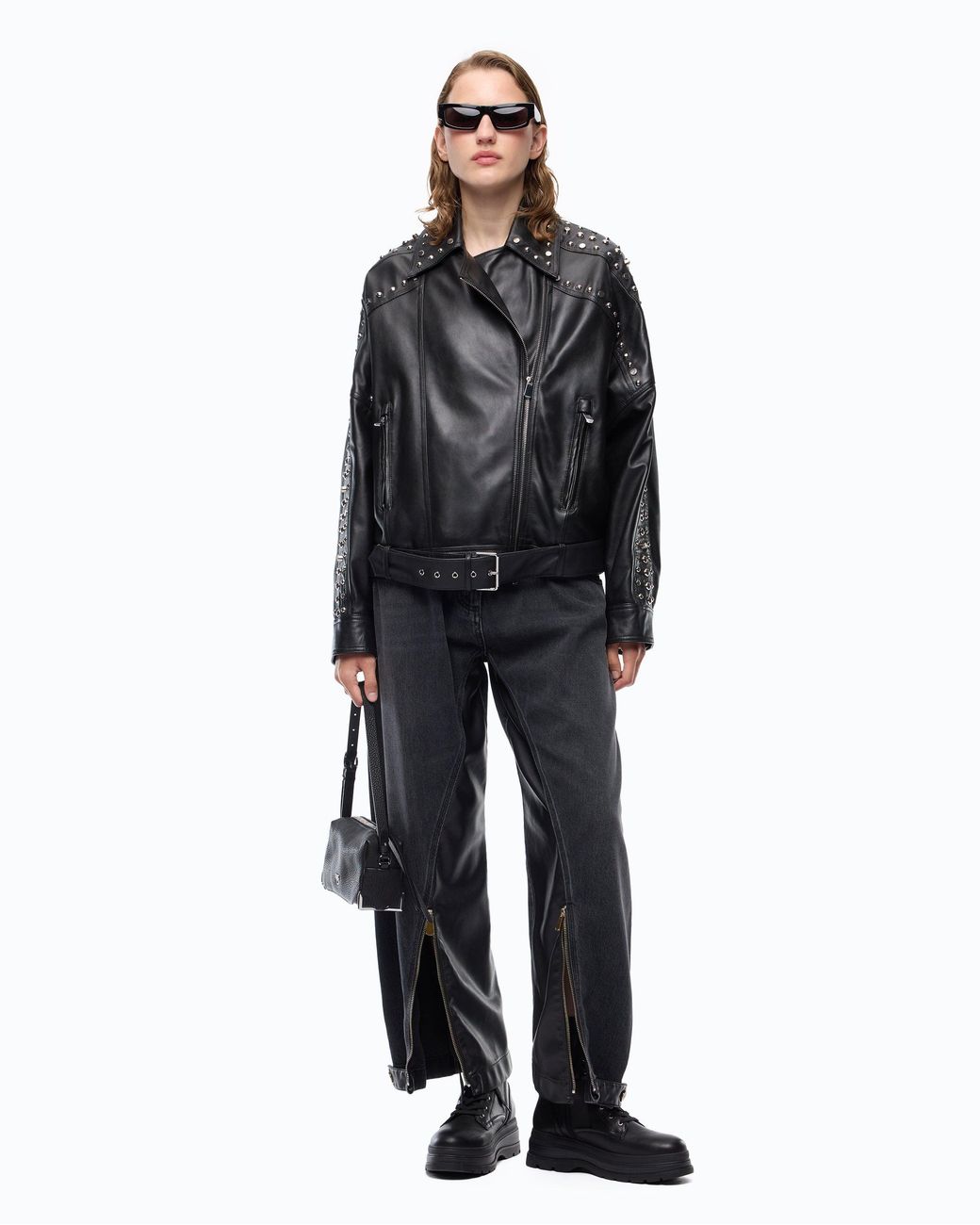 Pinko Black Nappa Leather Biker-Style Jacket With Studs