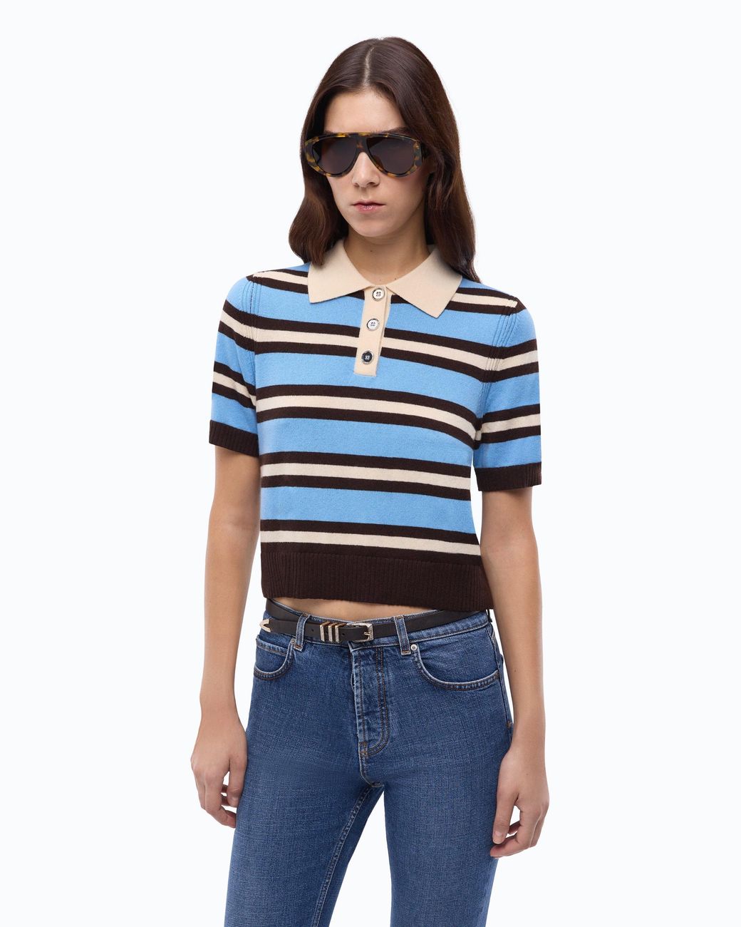 Pinko Blue Wool And Cashmere Cropped Polo Shirt