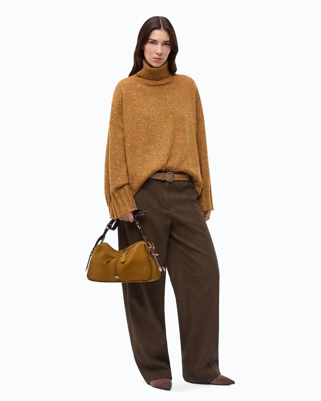 Pinko Brown Fully Rhinestoned Wool-Blend Turtleneck Sweater