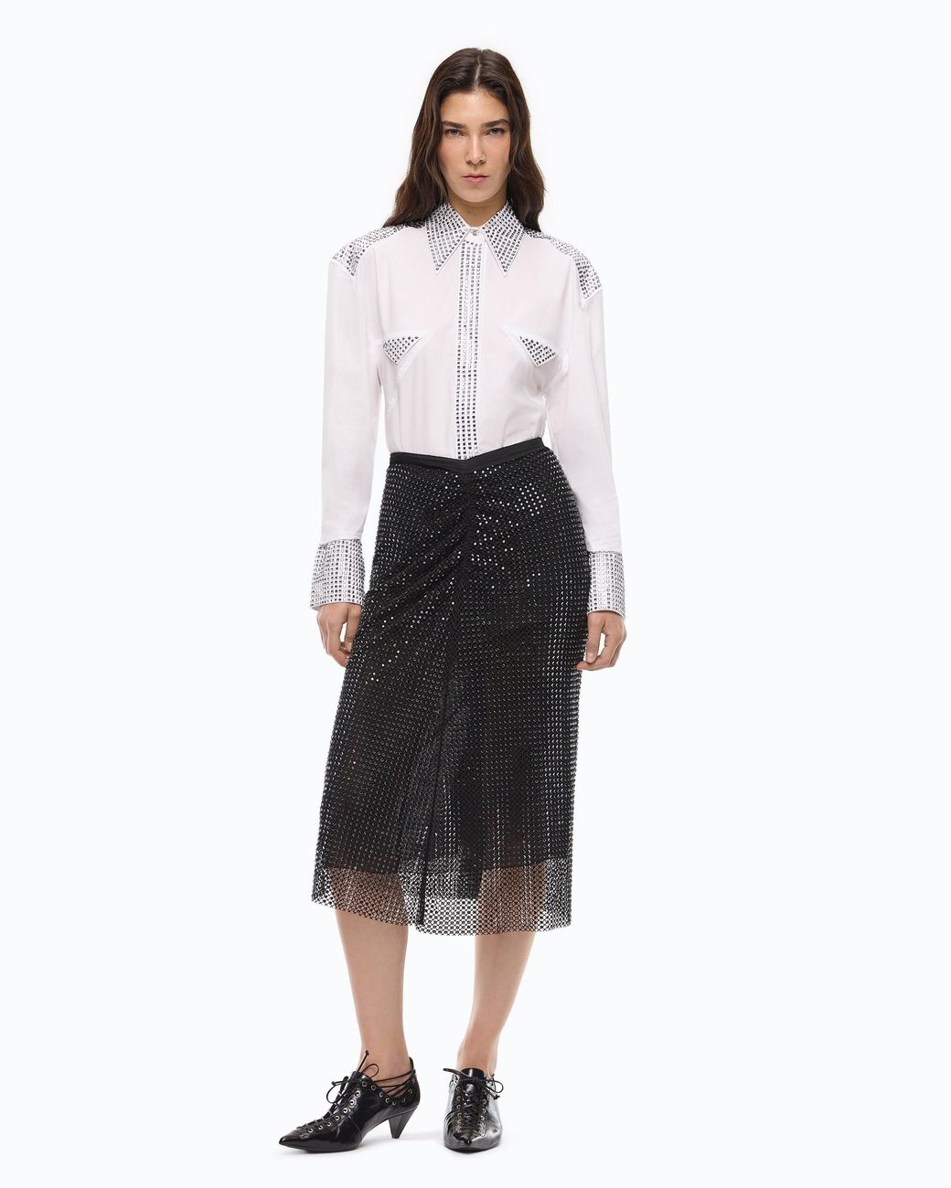 Pinko Black Mesh-Effect Calf-Length Skirt With Rhinestones