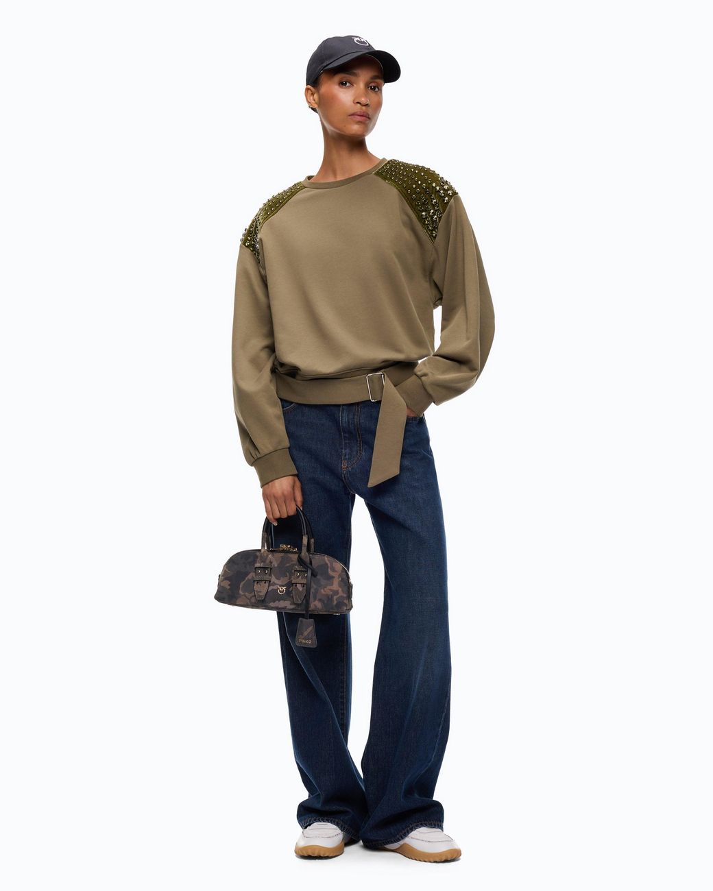 Pinko Green Cotton Sweatshirt With Rhinestones On The Shoulders