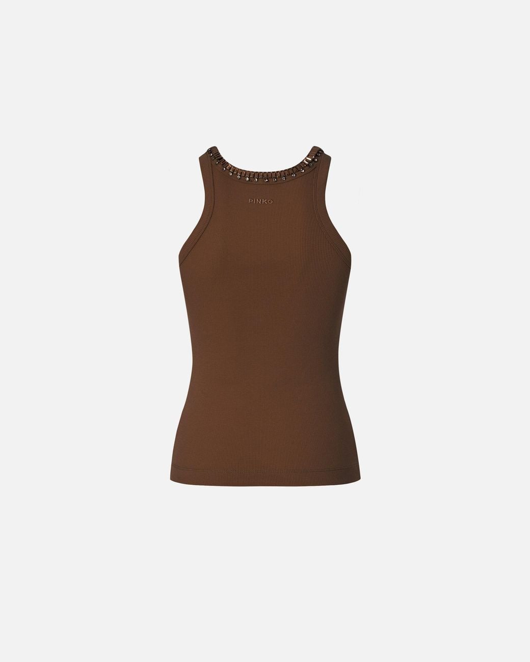 Pinko Brown Ribbed Top With Bejewelled Embellishment