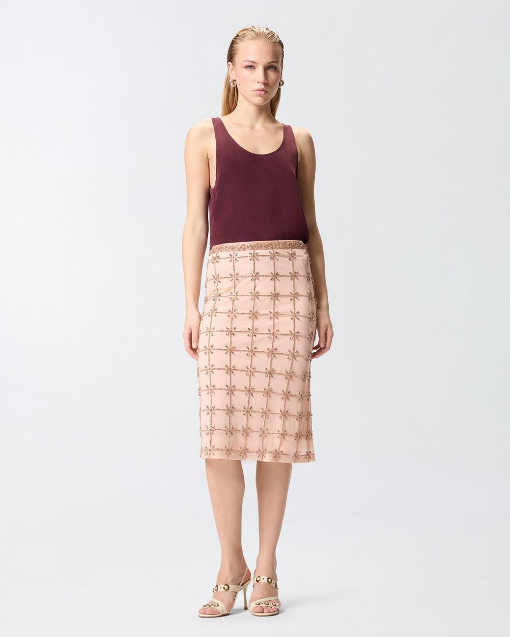 Pinko Pink Mesh Calf-Length Skirt With Crystals