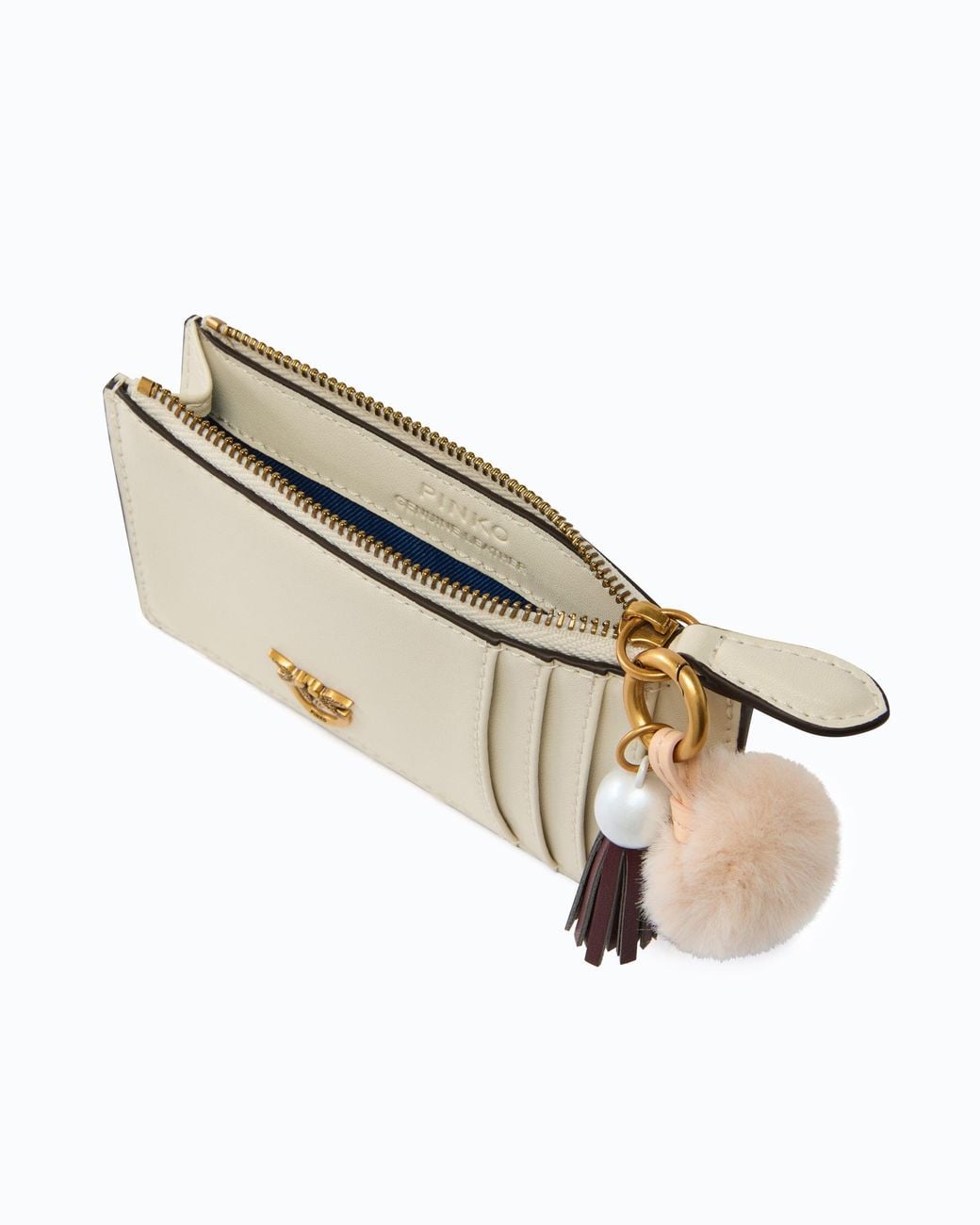 Pinko White Leather Card Holder With Tassel And Pompom