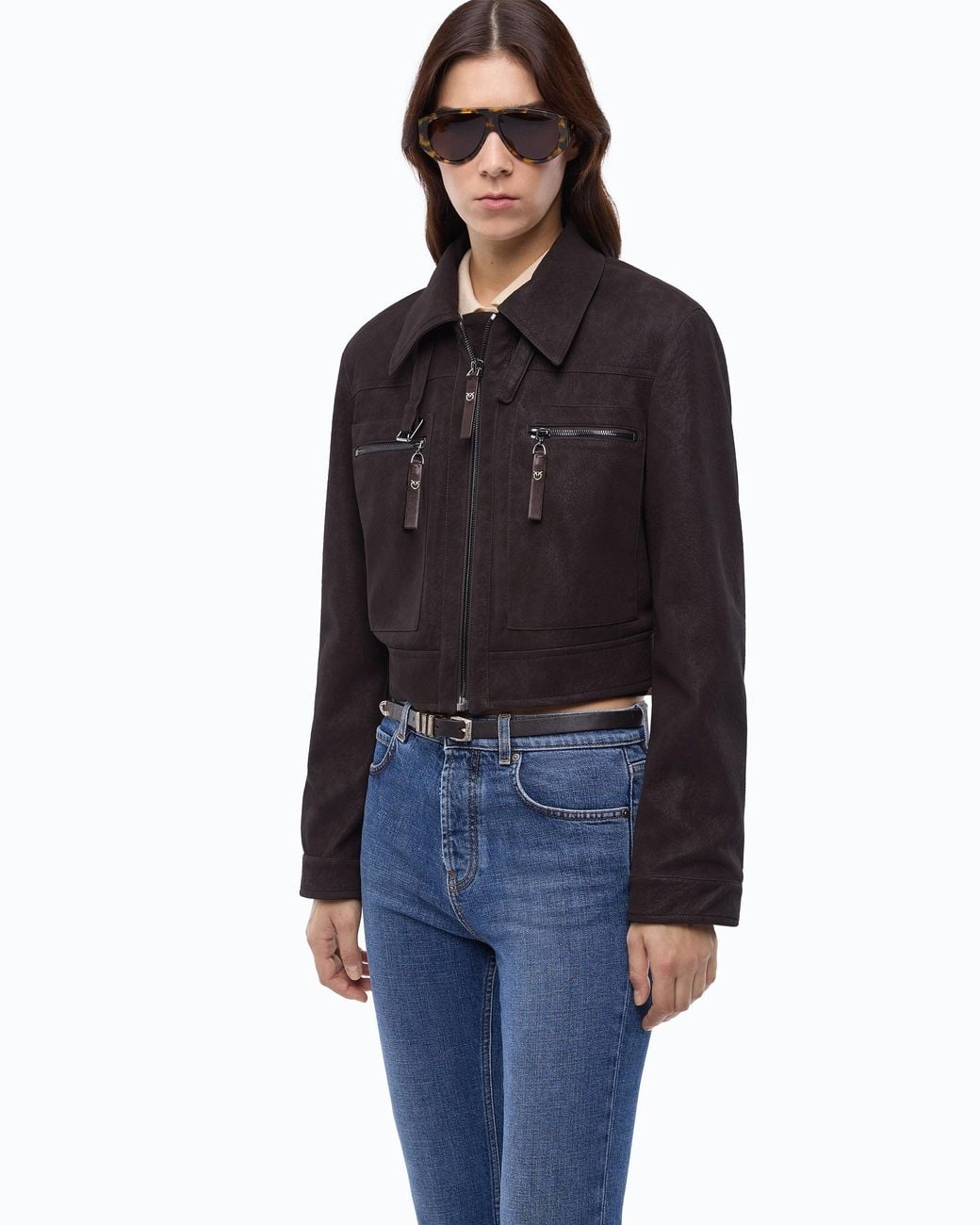 Pinko Black Cropped Nubuck Leather-Effect Jacket