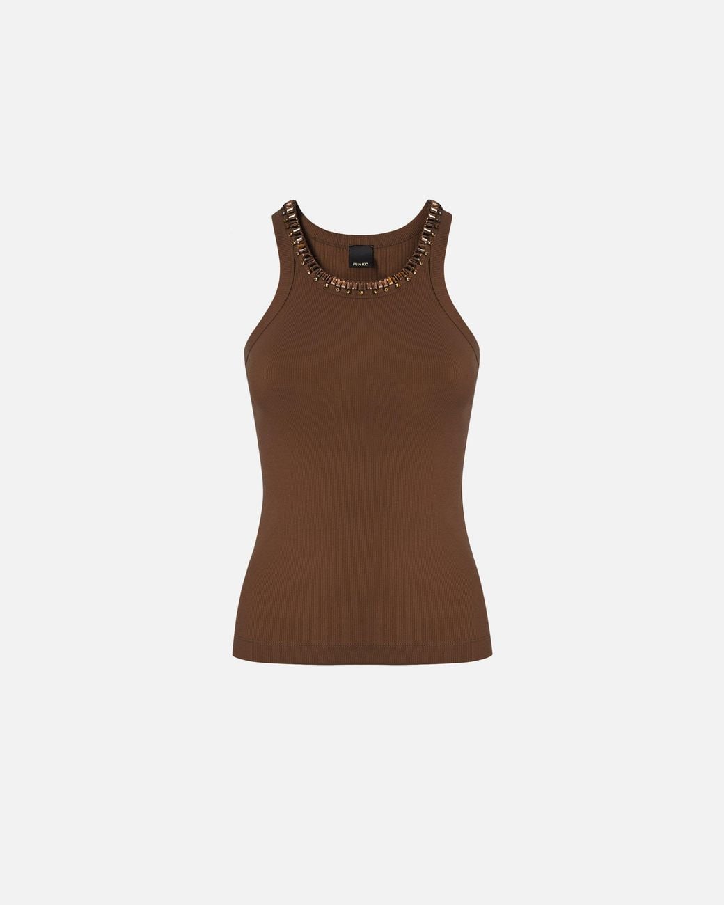 Pinko Brown Ribbed Top With Bejewelled Embellishment