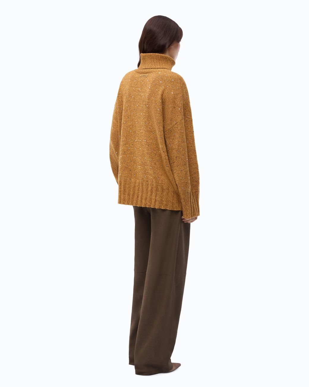 Pinko Brown Fully Rhinestoned Wool-Blend Turtleneck Sweater