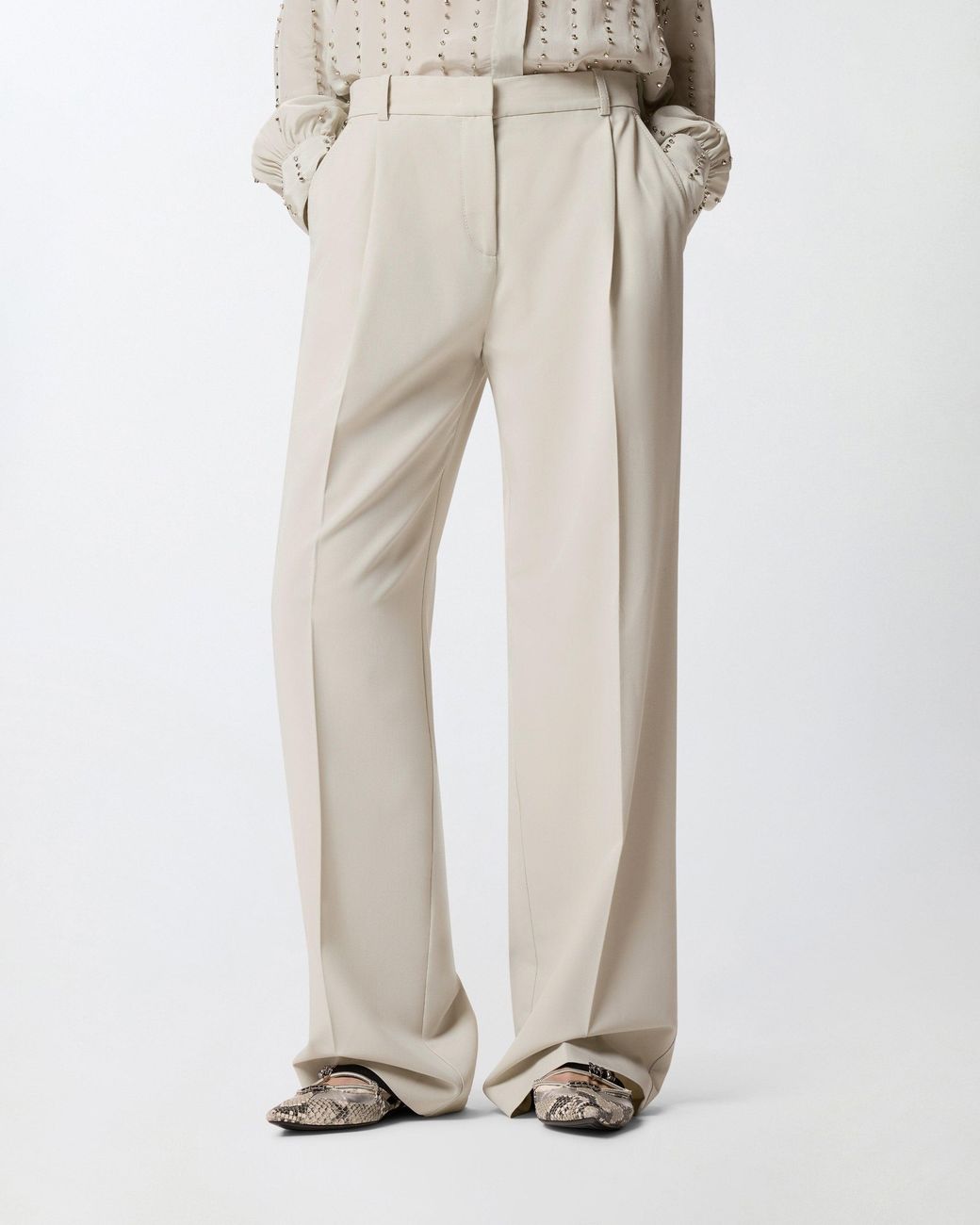 Pinko White Flowing Trousers With Pressed Pleat Detail
