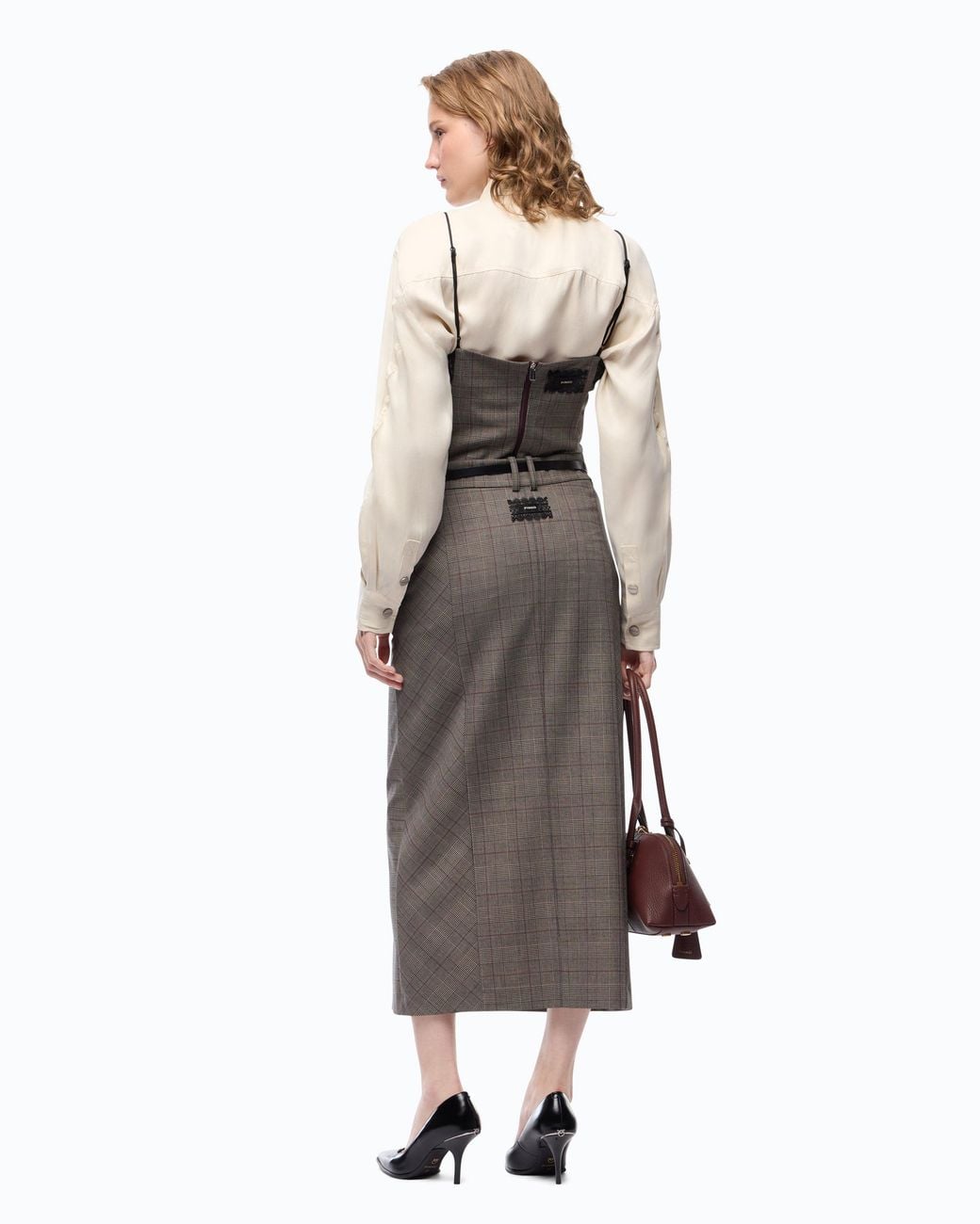 Pinko Gray Check Wool Calf-Length Skirt