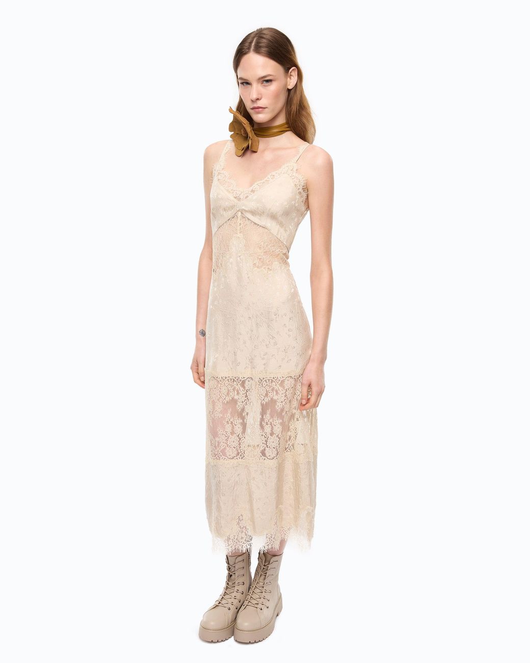 Pinko Natural Midi Slip Dress With Lace Bands