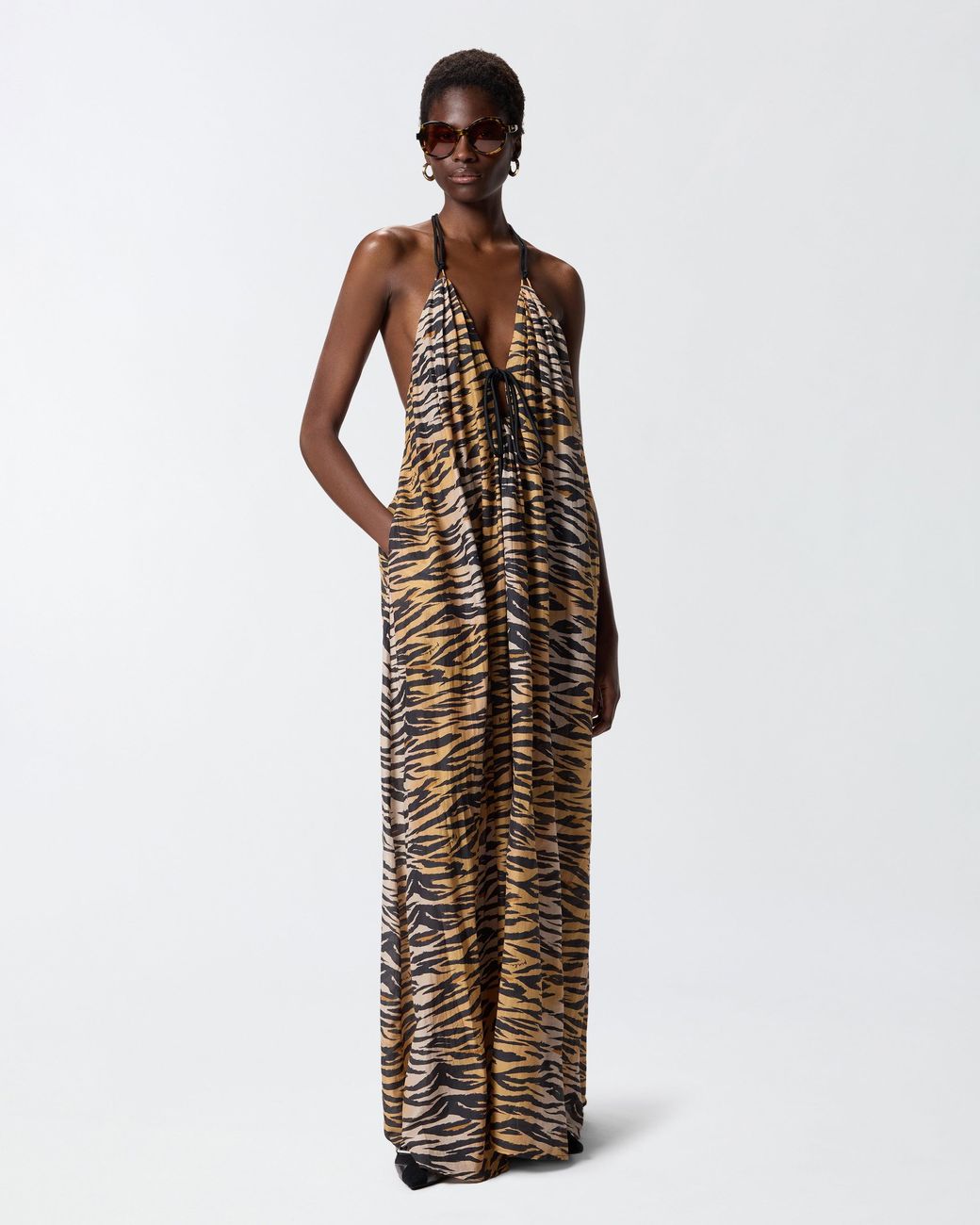 Pinko White Long Halterneck Dress With Animal Print