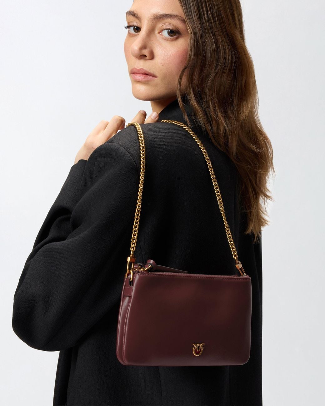 Pinko Brown Leather Mini Double Bag With Shoulder Strap