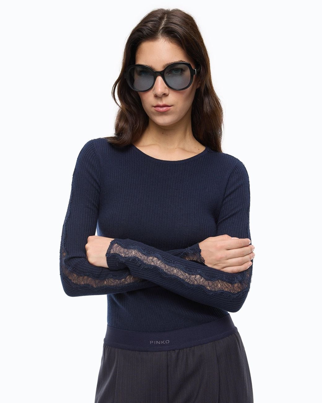 Pinko Blue Ribbed Sweater With Lace