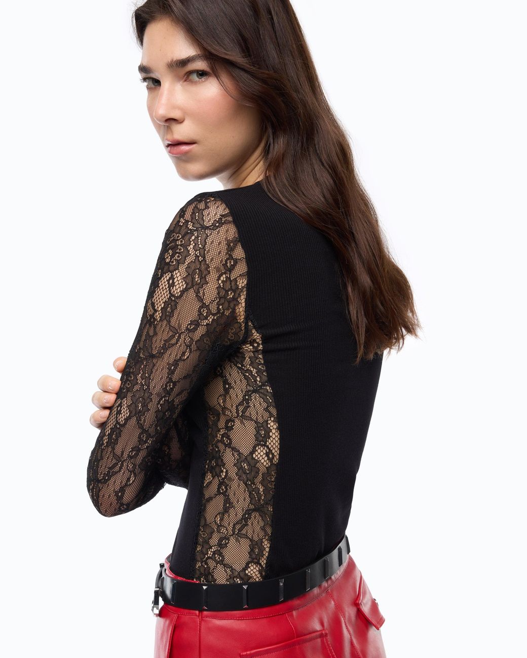 Pinko Black Ribbed Sweater With Lace Sleeves
