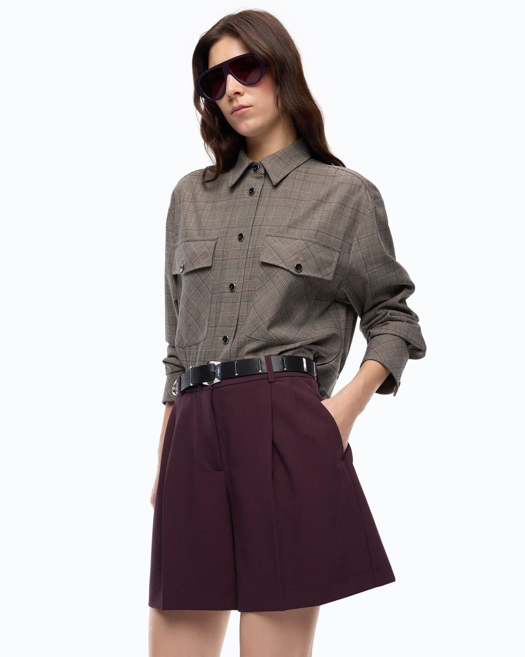 Pinko Gray Check Wool-Blend Cropped Overshirt