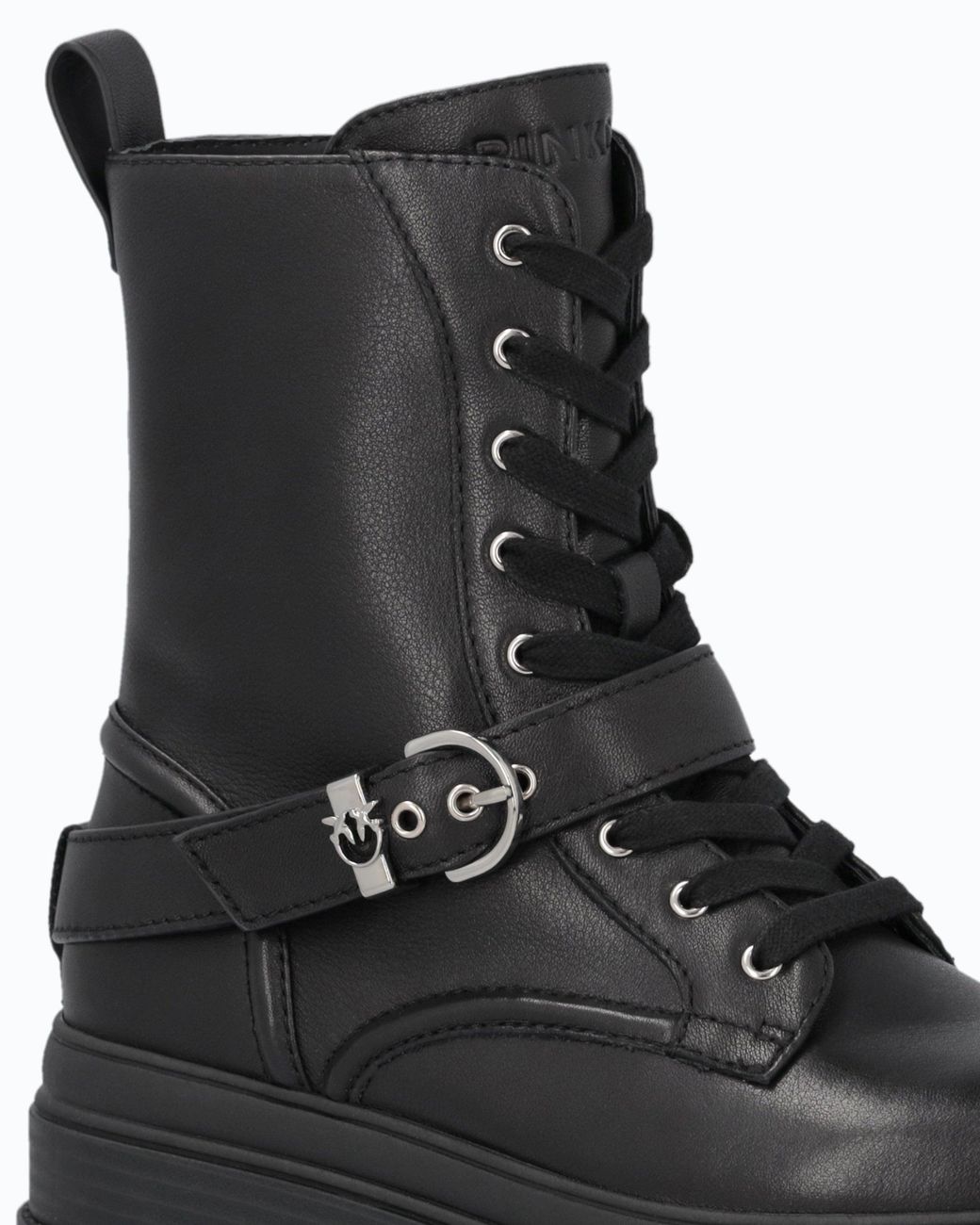 Pinko Black Leather Combat Boots With Strap