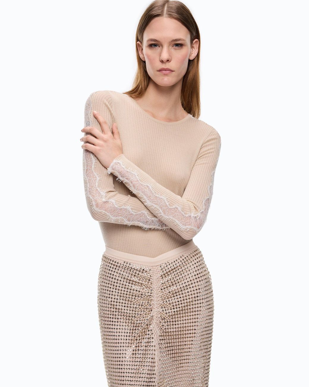 Pinko Pink Ribbed Sweater With Lace