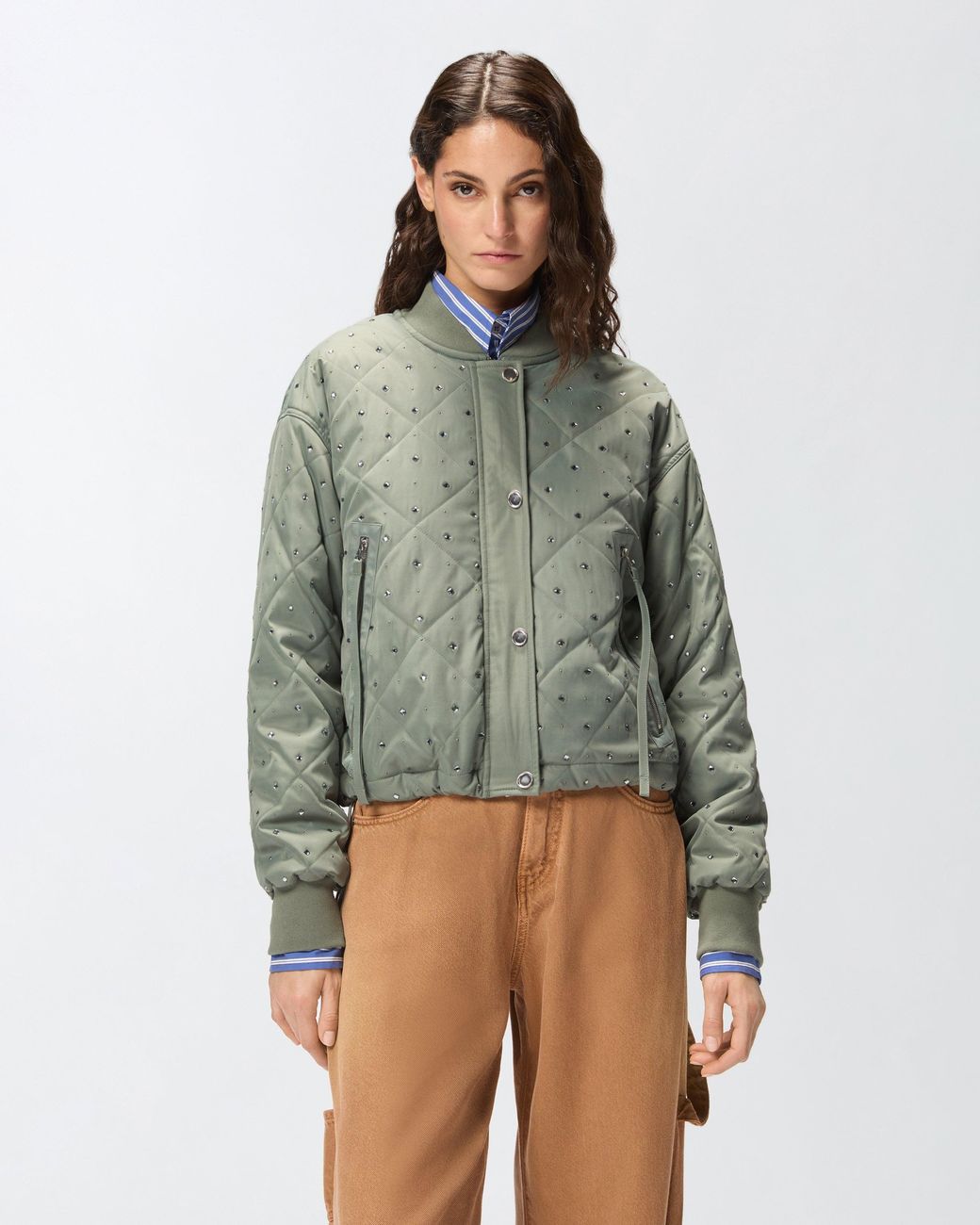 Pinko Green Quilted Bomber Jacket With Rhinestones And Studs