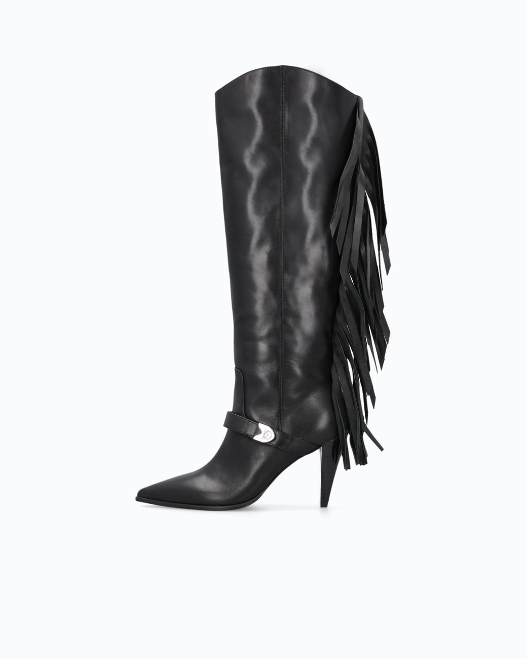 Pinko Black High Nappa Leather Boots With Heel And Fringing