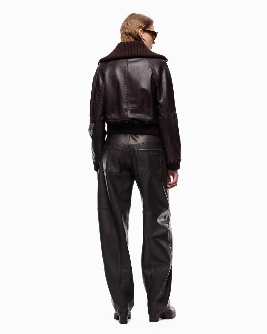 Pinko Black Leather Bomber Jacket With Fold-Down Collar