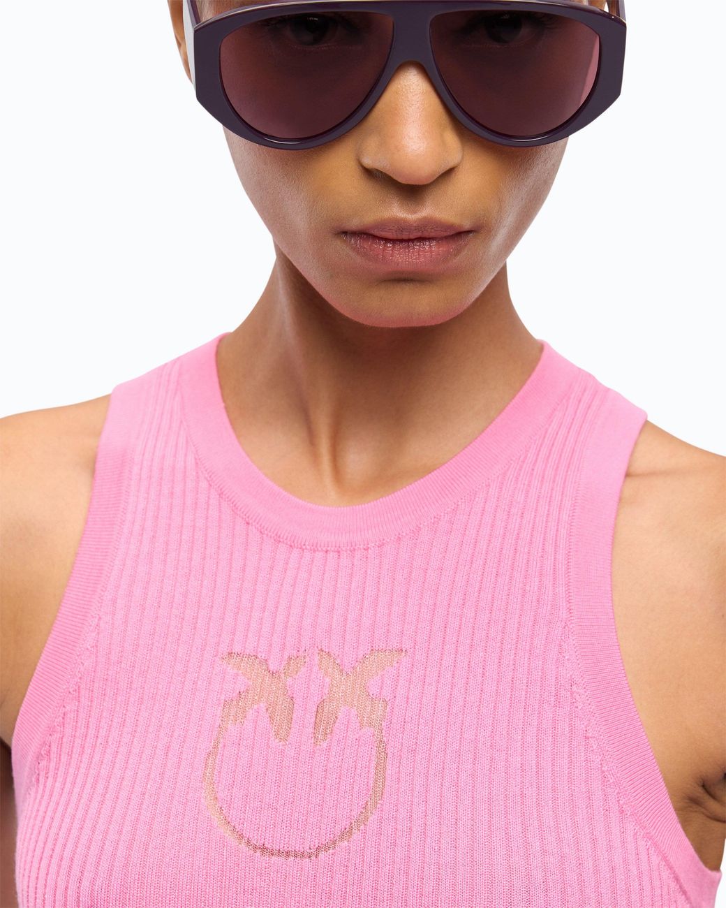 Pinko Pink Ribbed Top With Sheer Love Birds Logo