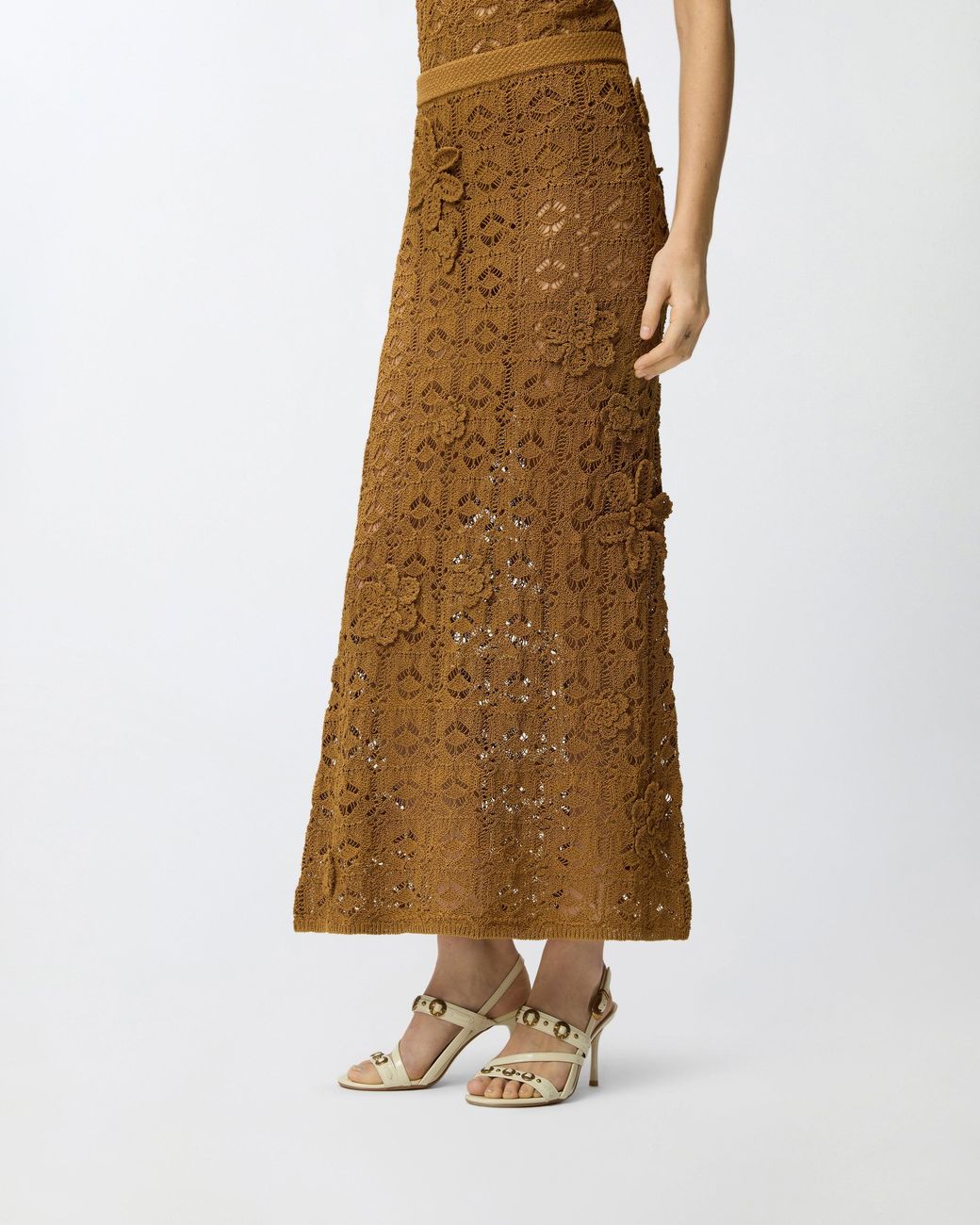 Pinko Natural Crochet-Effect Midi Skirt With Appliqué Flowers