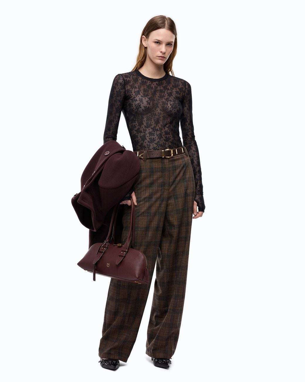Pinko Black Barrel-Fit Trousers With Micro Houndstooth Motif