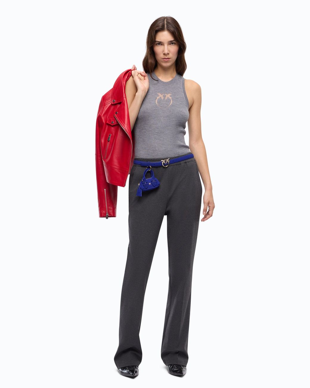 Pinko Gray Ribbed Top With Sheer Love Birds Logo