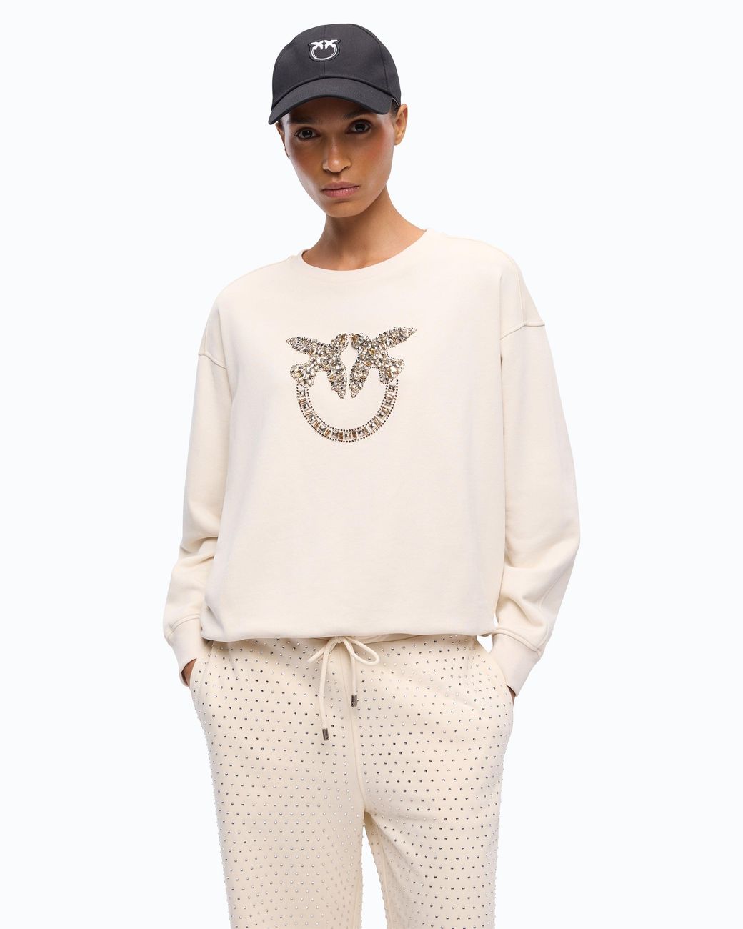 Pinko White Sweatshirt With Bejewelled Love Birds Logo