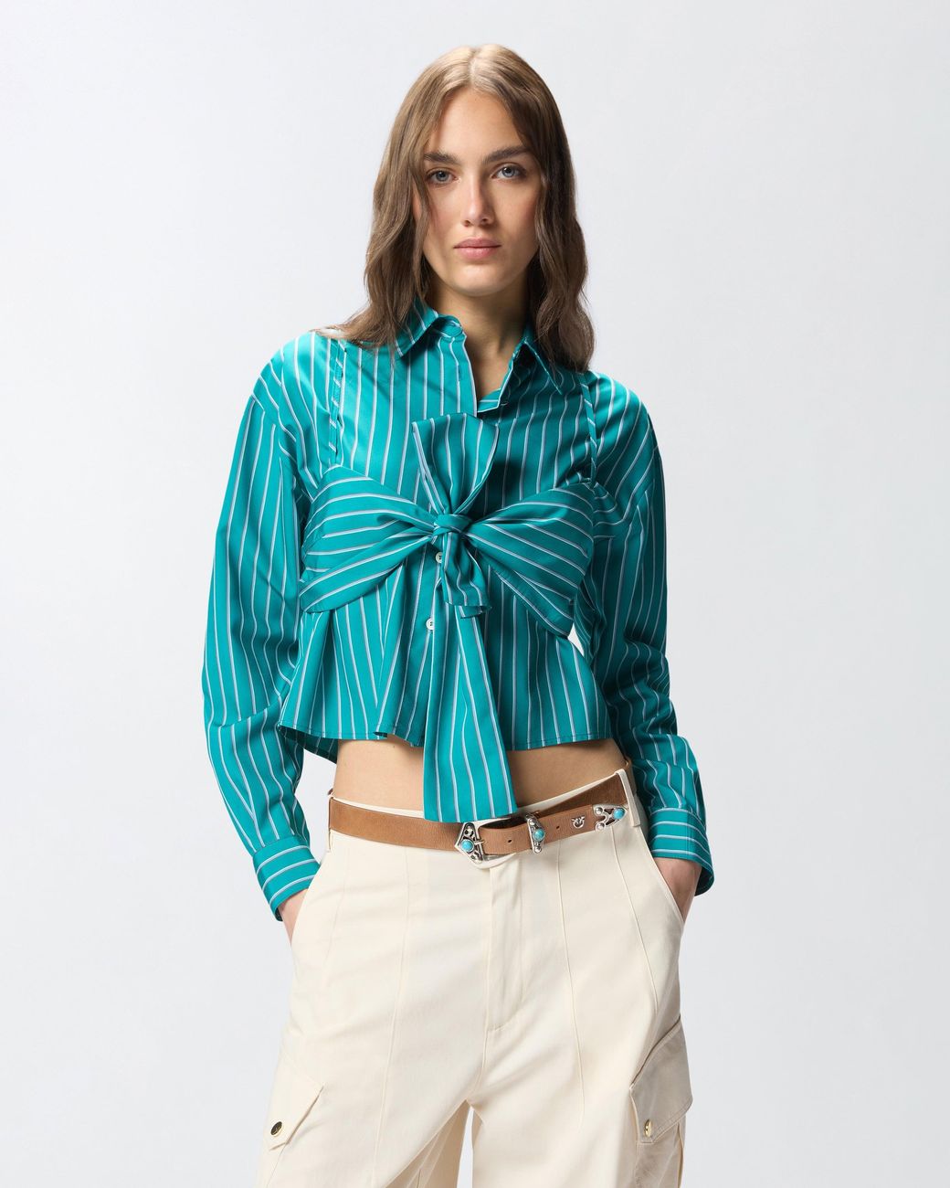 Pinko Blue Striped Cropped Shirt With Bow