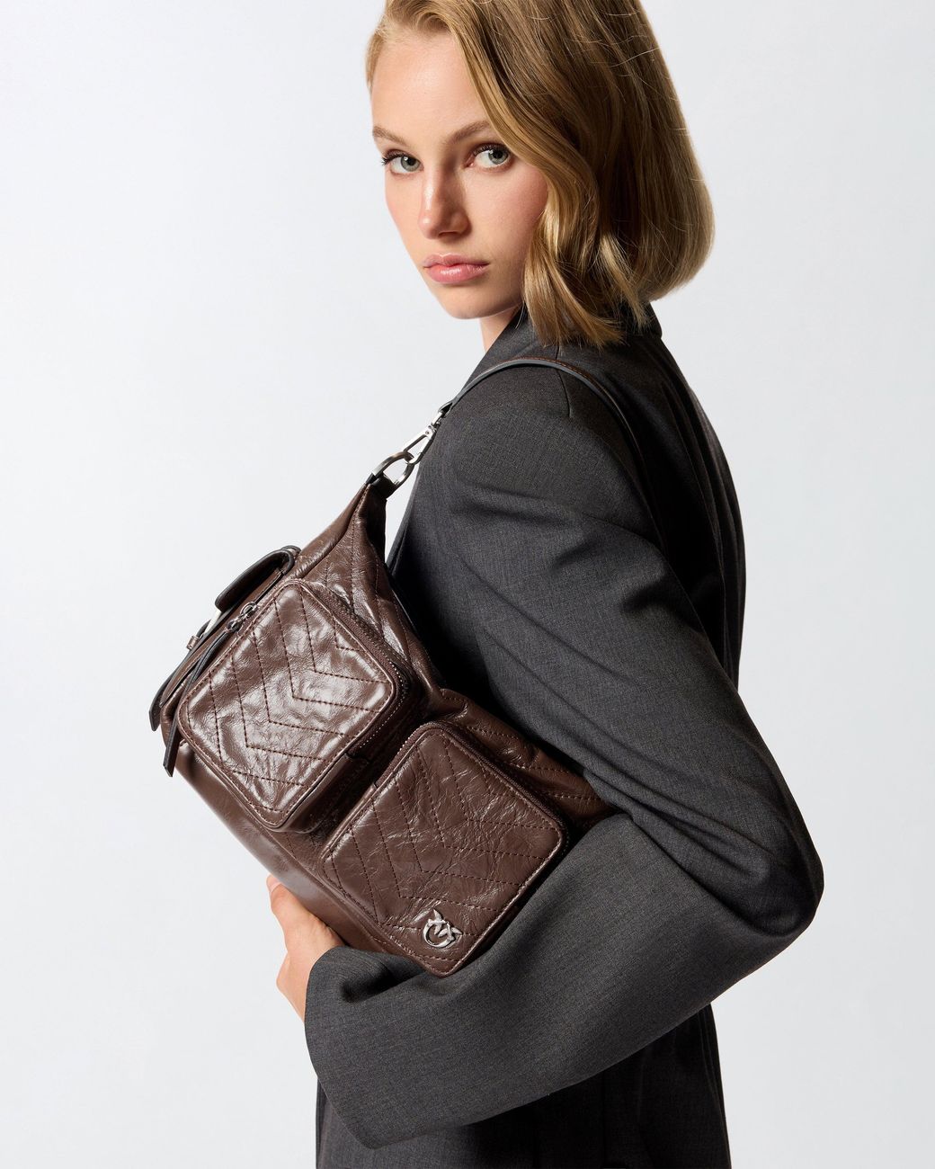 Pinko Brown Medium Leather Cargo Bag With Pockets