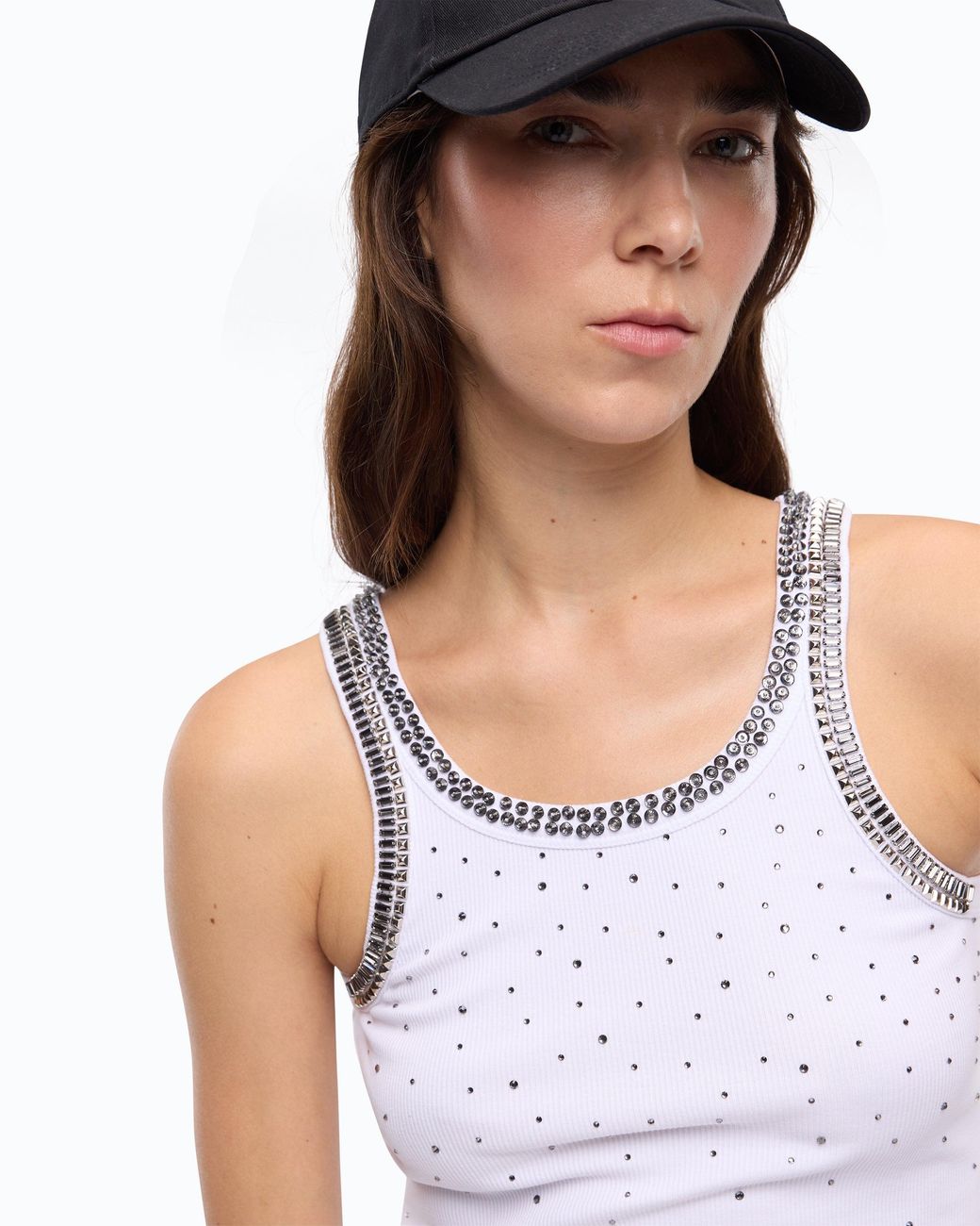 Pinko White Ribbed Top With Bejewelled Embellishment