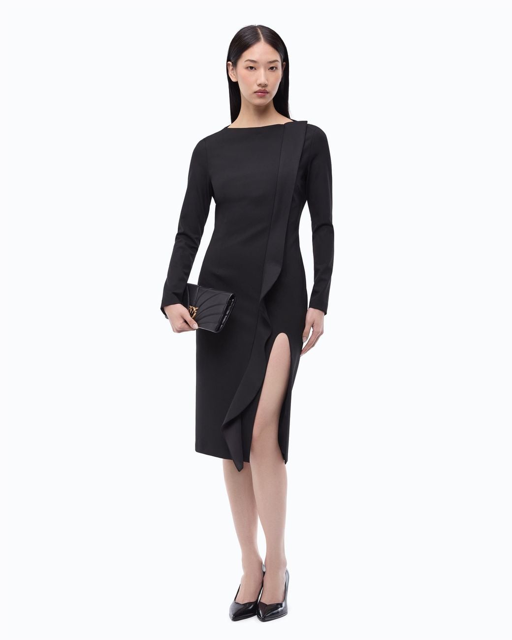 Pinko Black Midi Sheath Dress With Ruffle And Open Back
