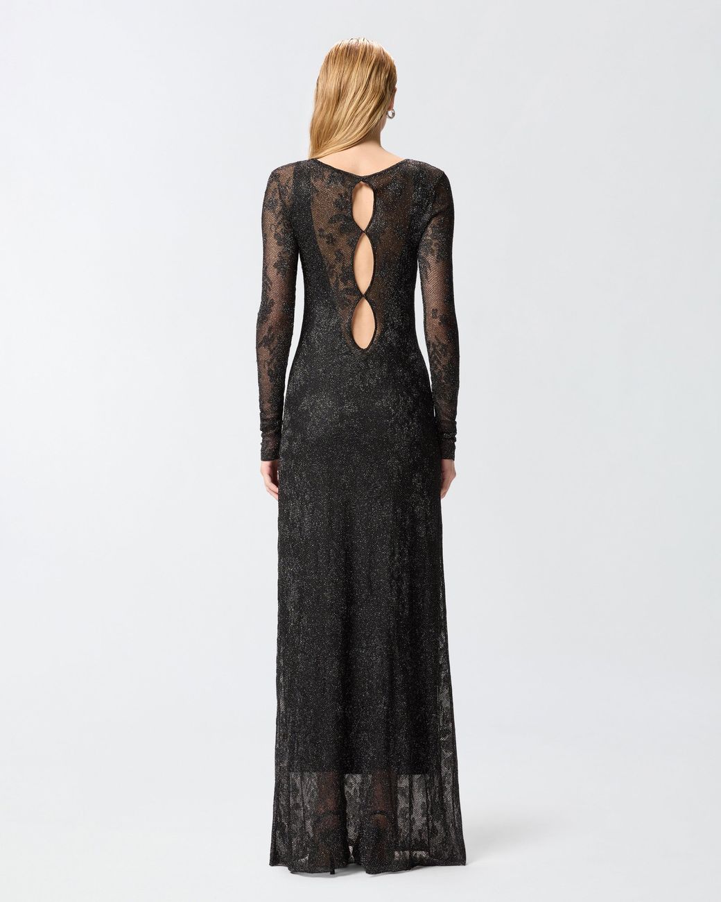 Pinko Black Long Dress With Mesh And Floral Lace